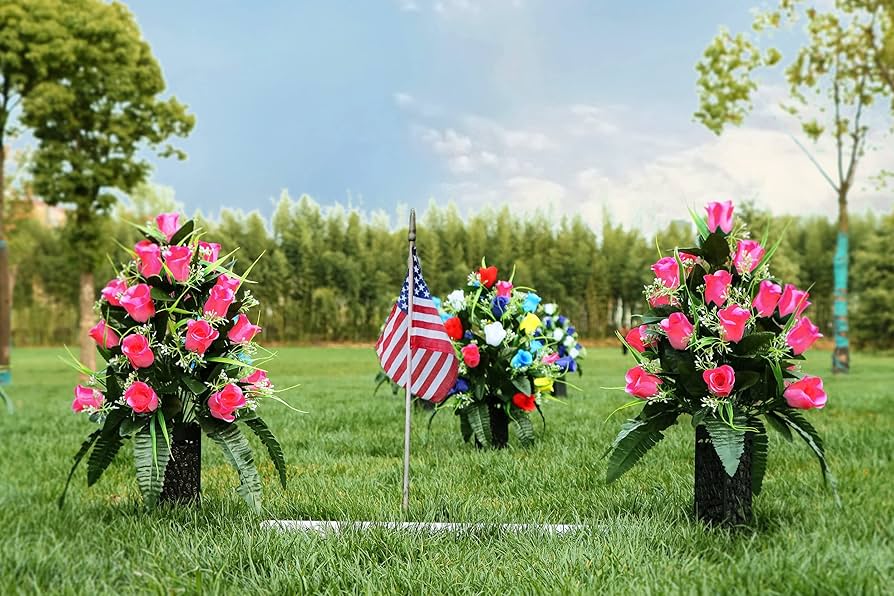 Colorful cemetery vase arrangements